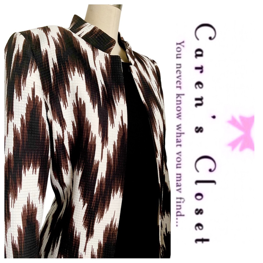 Tahari Chocolate Brown & White Modern Print Long BlazerJacket - Picture 6 of 9